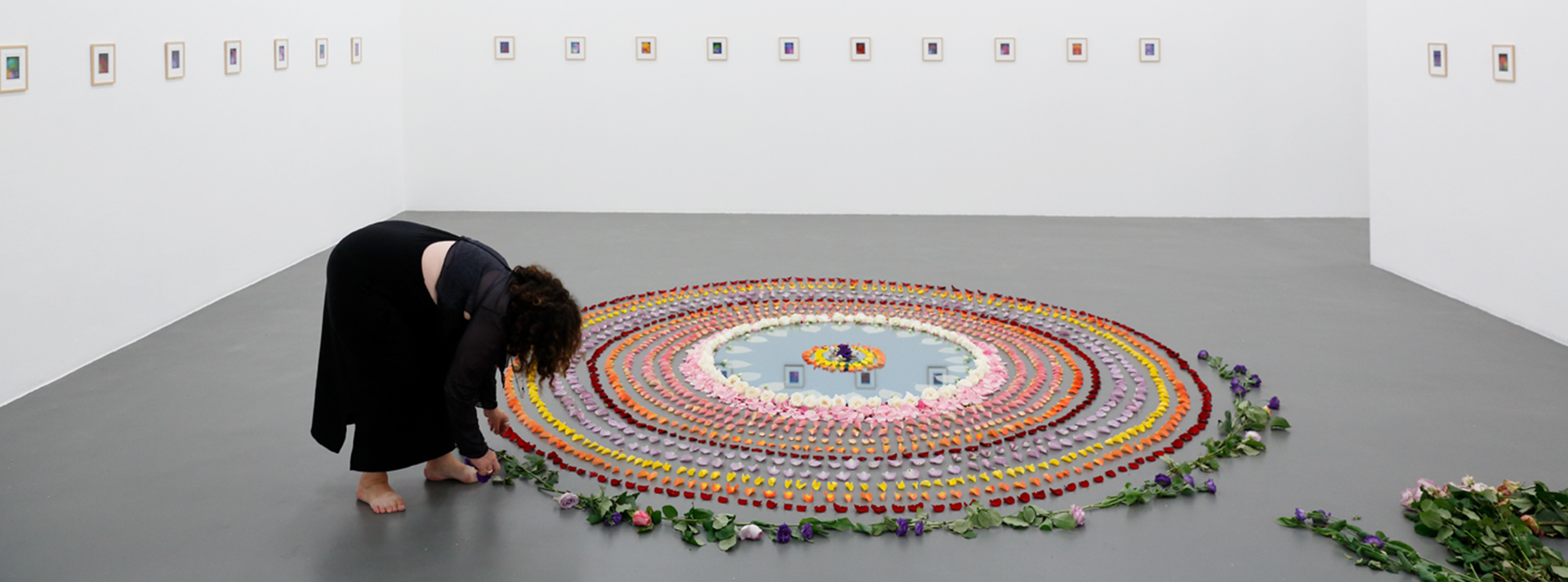 An artist arrangles flower in a circular pattern on the ground Fiendish Plots gallery