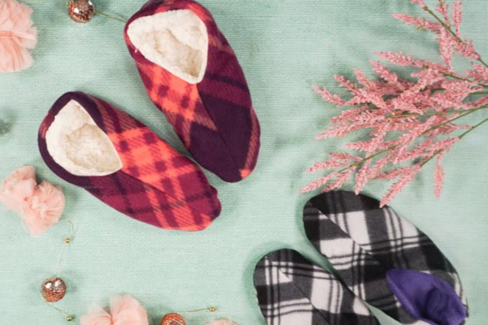 Examples of fabric slippers with a flannel pattern