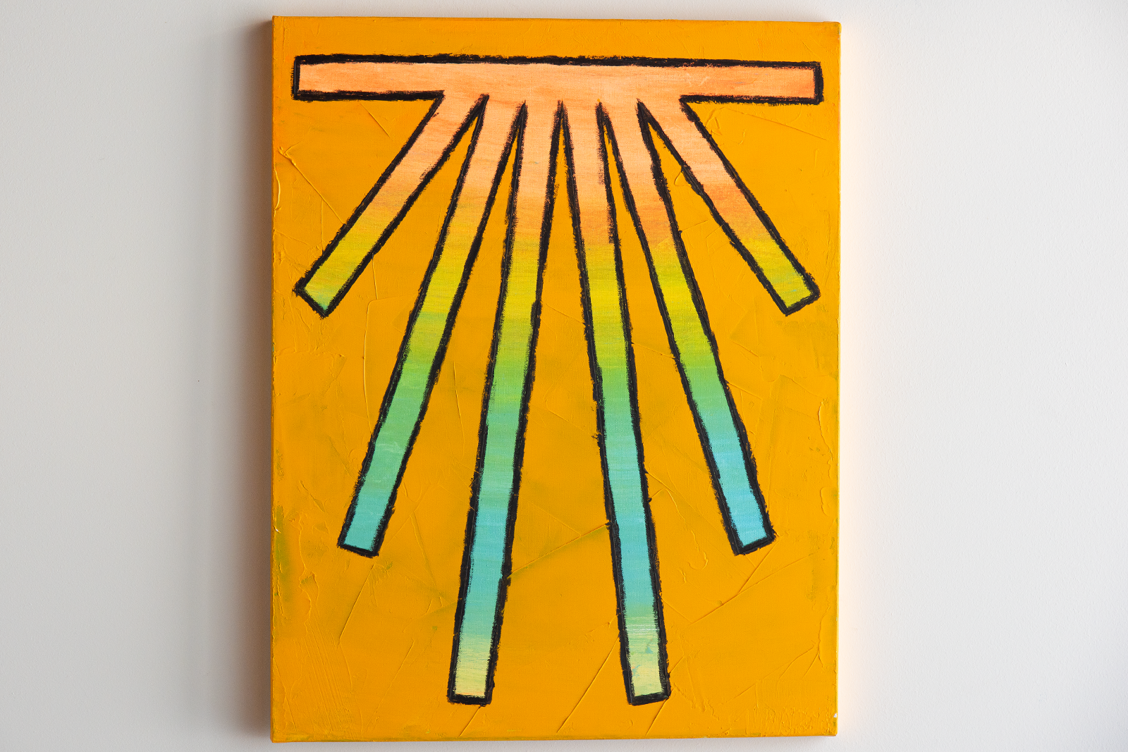 Opening Justin Kemerling Happening a geometric organge painting with gradient lines against a white wall